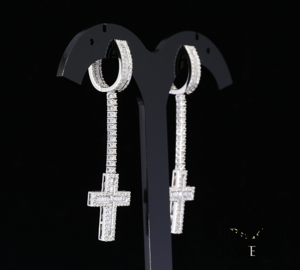 Diamond Cross Drop Earrings, Baguette Diamond Cross Earrings, Long Dangle Earrings, Diamond Hoop Earrings, Luxury Gift for Her
