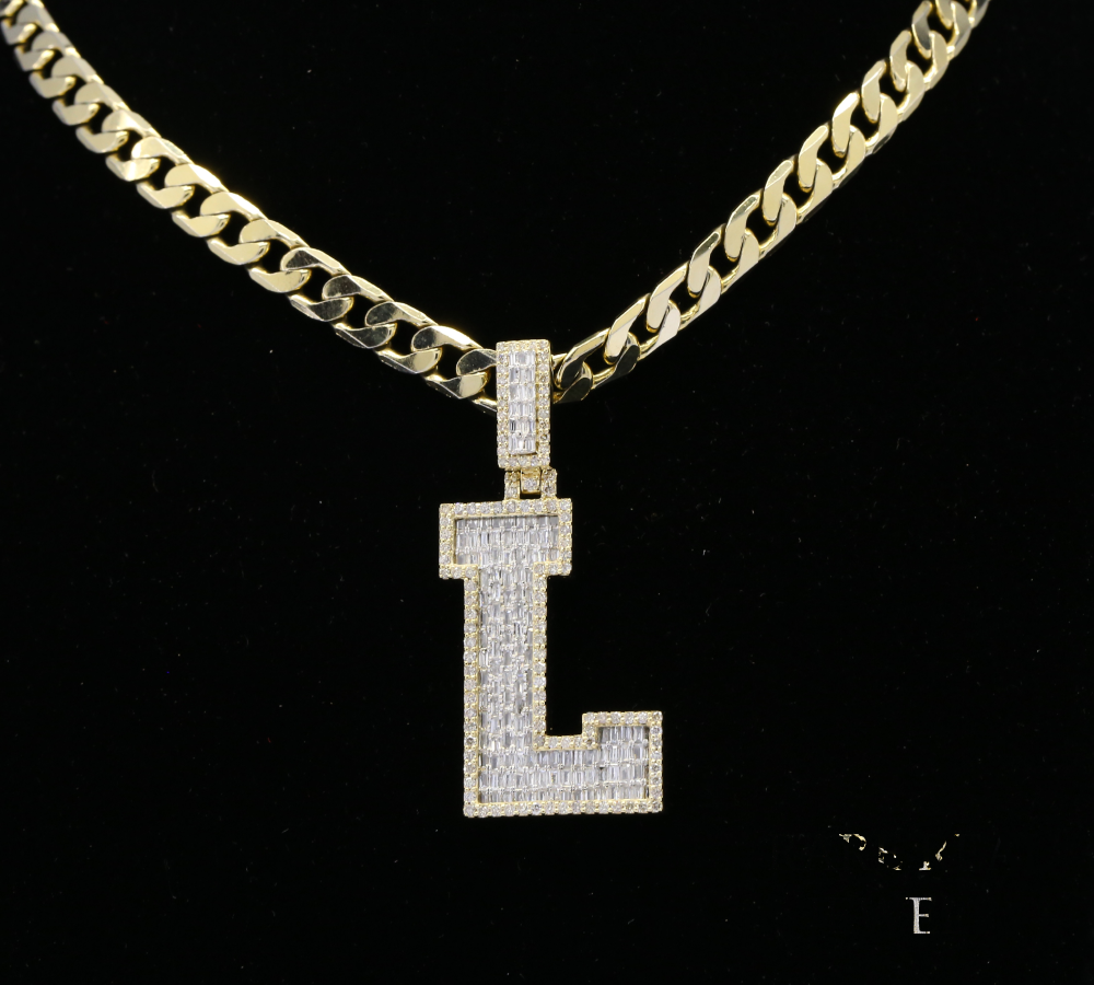 Diamond Letter L Pendant, Baguette Cut Diamond Initial Pendant, Personalized L Pendant, Diamond Initial Charm, Luxury Yellow Gold Pendant