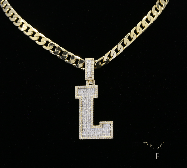 Diamond Letter L Pendant, Baguette Cut Diamond Initial Pendant, Personalized L Pendant, Diamond Initial Charm, Luxury Yellow Gold Pendant