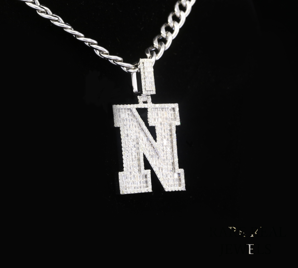 Diamond Letter M Pendant Necklace, Baguette Cut Diamond Initial Pendant, Personalized M Necklace, Diamond Initial Charm, Luxury White Gold Necklace