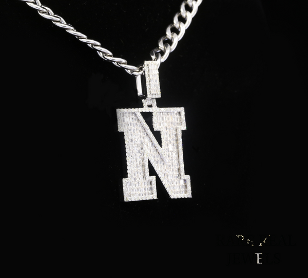 Diamond Letter M Pendant Necklace, Baguette Cut Diamond Initial Pendant, Personalized M Necklace, Diamond Initial Charm, Luxury White Gold Necklace