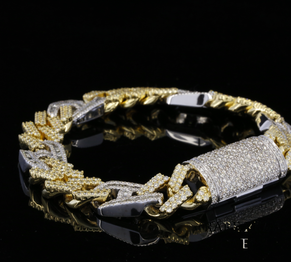 Two-Tone Diamond Cuban Link Bracelet | Heavy Pave Diamond Chain Bracelet in Yellow & White Gold