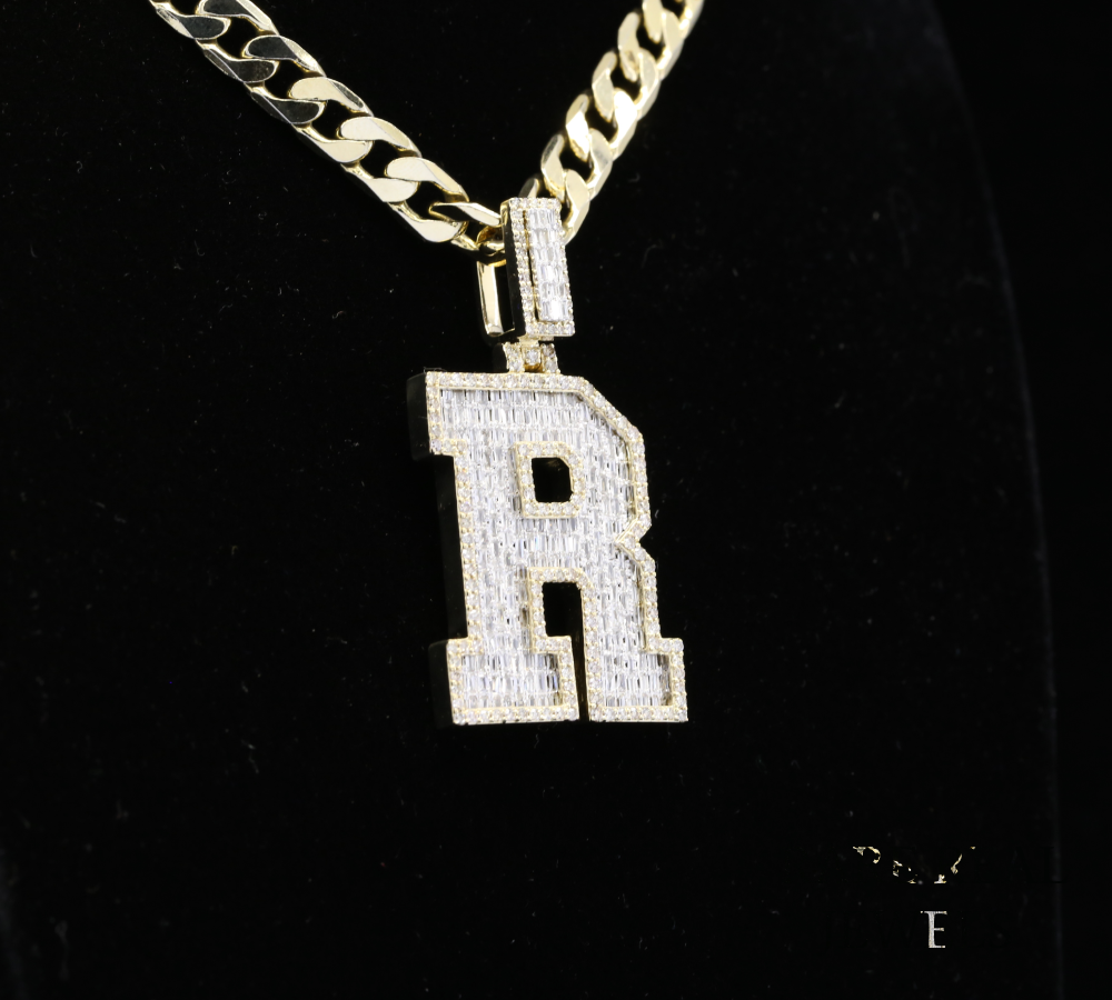 Diamond Letter R Pendant Necklace, Baguette Cut Diamond Initial Necklace, Personalized R Pendant, Diamond Initial Charm, Luxury Gold Necklace