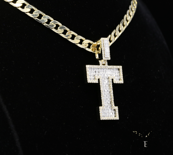 Diamond Letter T Pendant Necklace, Baguette Cut Diamond Initial Necklace, Personalized T Pendant, Diamond Initial Charm, Luxury Gold Necklace