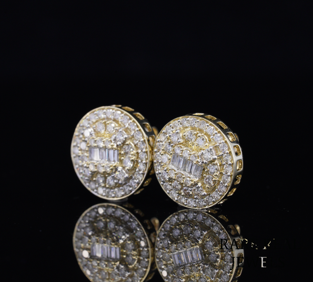 Round Diamond Stud Earrings, Baguette Diamond Cluster Earrings, Halo Pave Diamond Studs, Gold Diamond Earrings, Luxury Gift for Her