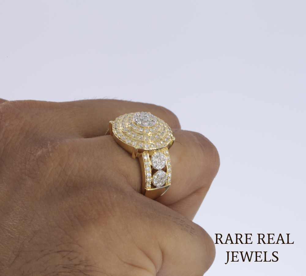 Men's Diamond Cluster Ring | Yellow Gold Round Diamond Statement Ring | Luxury Cocktail Ring | Pave Diamond Anniversary Ring for Him