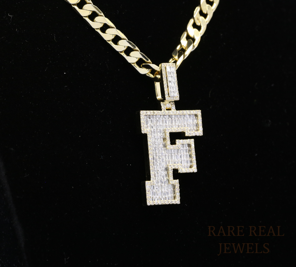Diamond Letter F Pendant, Baguette Cut Diamond Initial Pendant, Personalized F Pendant, Diamond Initial Charm, Luxury Letter Pendant