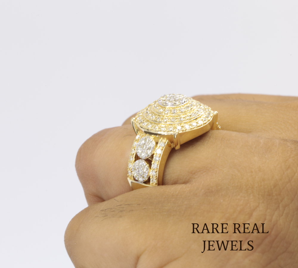Men's Diamond Cluster Ring | Yellow Gold Round Diamond Statement Ring | Luxury Cocktail Ring | Pave Diamond Anniversary Ring for Him