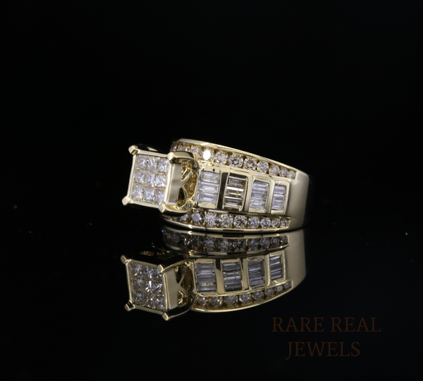 Men's Diamond Ring in Yellow Gold | Princess & Baguette Cut Diamond Statement Ring | Luxury Wedding Band | Diamond Cluster Ring for Him