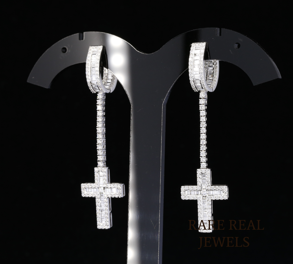 Diamond Cross Drop Earrings, Baguette Diamond Cross Earrings, Long Dangle Earrings, Diamond Hoop Earrings, Luxury Gift for Her