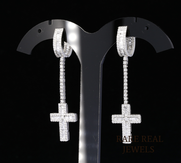 Diamond Cross Drop Earrings, Baguette Diamond Cross Earrings, Long Dangle Earrings, Diamond Hoop Earrings, Luxury Gift for Her