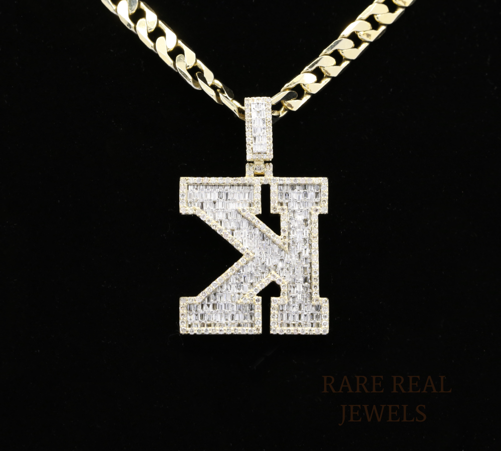Diamond Letter K Pendant, Baguette Cut Diamond Initial Pendant, Personalized K Pendant, Diamond Initial Charm, Luxury Yellow Gold Pendant