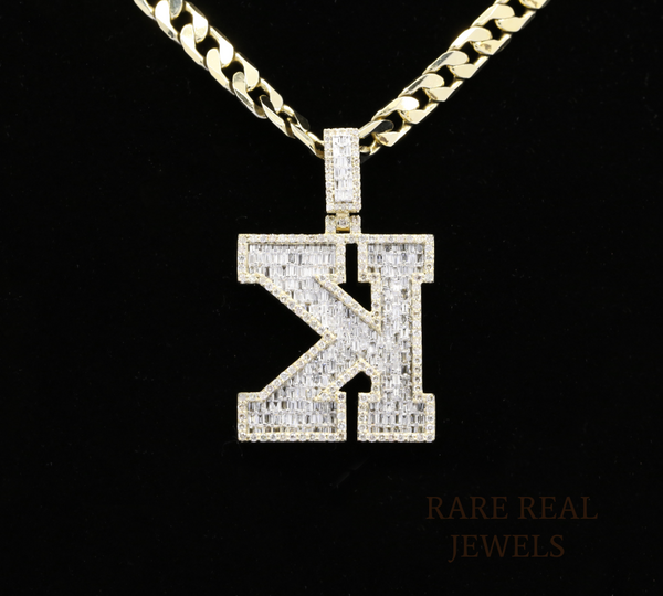 Diamond Letter K Pendant, Baguette Cut Diamond Initial Pendant, Personalized K Pendant, Diamond Initial Charm, Luxury Yellow Gold Pendant