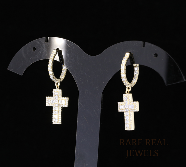Diamond Cross Dangle Earrings, Emerald  & Round Lab Grown Diamond Hoop Earrings, 14K Yellow Gold Cross Earrings, Christian Jewelry Gift for Her