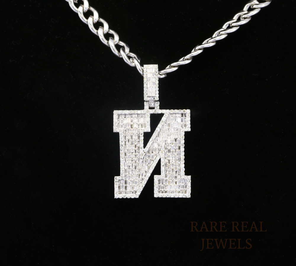Diamond Letter M Pendant Necklace, Baguette Cut Diamond Initial Pendant, Personalized M Necklace, Diamond Initial Charm, Luxury White Gold Necklace