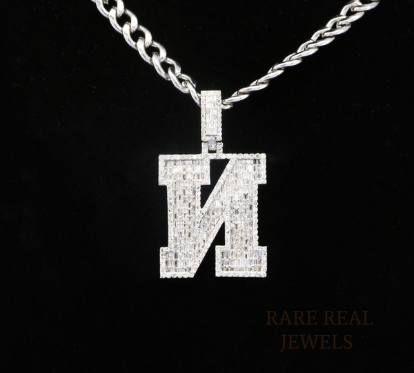 Diamond Letter M Pendant Necklace, Baguette Cut Diamond Initial Pendant, Personalized M Necklace, Diamond Initial Charm, Luxury White Gold Necklace
