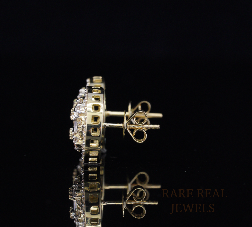 Round Diamond Stud Earrings, Baguette Diamond Cluster Earrings, Halo Pave Diamond Studs, Gold Diamond Earrings, Luxury Gift for Her