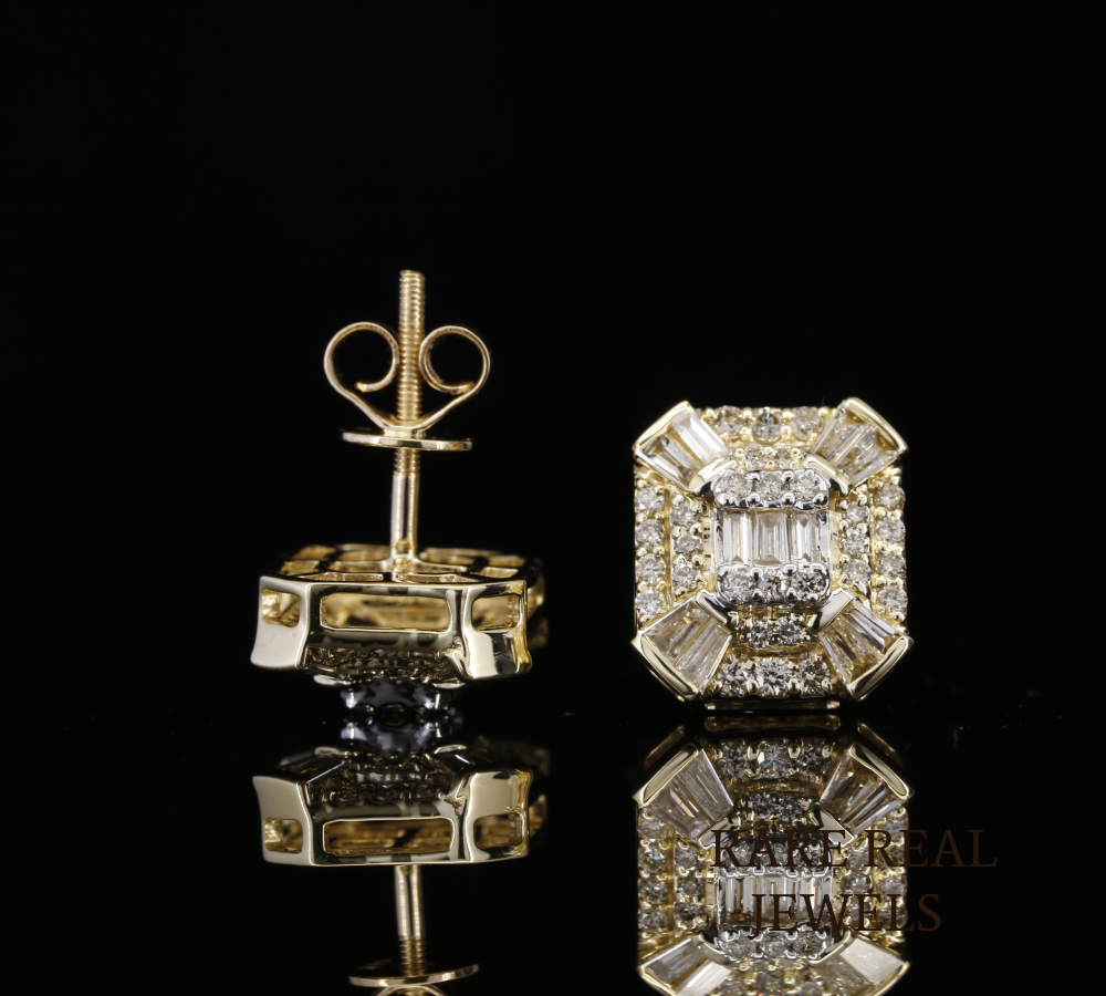 Baguette Diamond Stud Earrings, Rectangular Diamond Cluster Earrings, Emerald Cut Style Studs, Pave Diamond Earrings, Luxury Gold Jewelry Secondary image