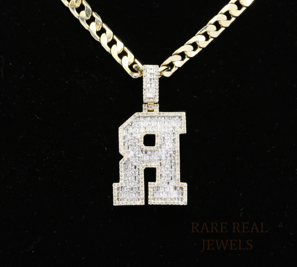 Diamond Letter R Pendant Necklace, Baguette Cut Diamond Initial Necklace, Personalized R Pendant, Diamond Initial Charm, Luxury Gold Necklace