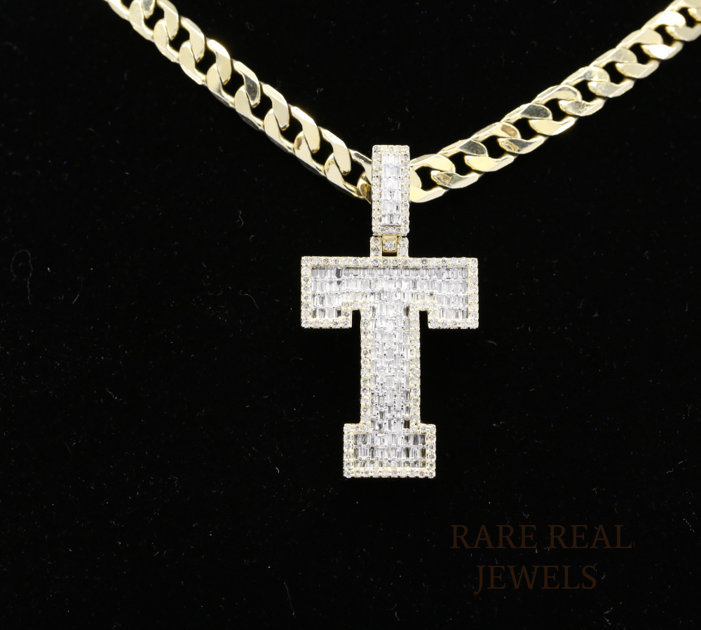 Diamond Letter T Pendant Necklace, Baguette Cut Diamond Initial Necklace, Personalized T Pendant, Diamond Initial Charm, Luxury Gold Necklace