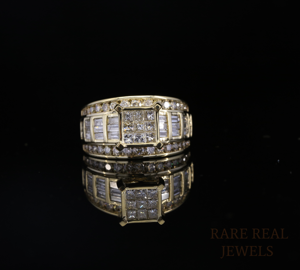 Men's Diamond Ring in Yellow Gold | Princess & Baguette Cut Diamond Statement Ring | Luxury Wedding Band | Diamond Cluster Ring for Him