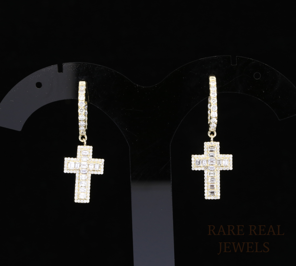 Diamond Cross Dangle Earrings, Emerald  & Round Lab Grown Diamond Hoop Earrings, 14K Yellow Gold Cross Earrings, Christian Jewelry Gift for Her