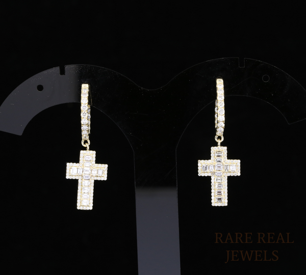 Diamond Cross Dangle Earrings, Emerald  & Round Lab Grown Diamond Hoop Earrings, 14K Yellow Gold Cross Earrings, Christian Jewelry Gift for Her