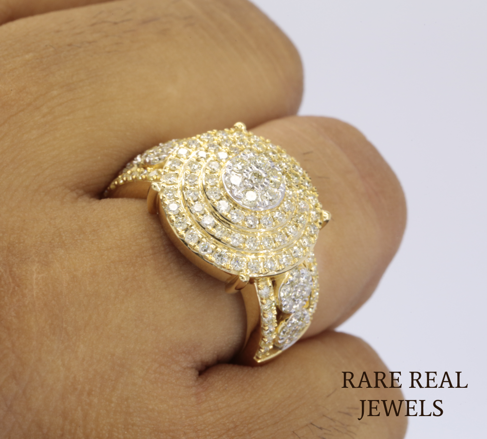 Men's Diamond Cluster Ring | Yellow Gold Round Diamond Statement Ring | Luxury Cocktail Ring | Pave Diamond Anniversary Ring for Him