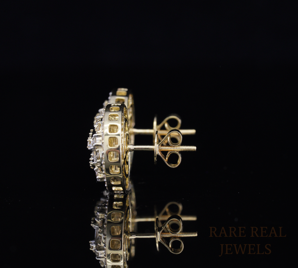 Round Diamond Stud Earrings, Baguette Diamond Cluster Earrings, Halo Pave Diamond Studs, Gold Diamond Earrings, Luxury Gift for Her