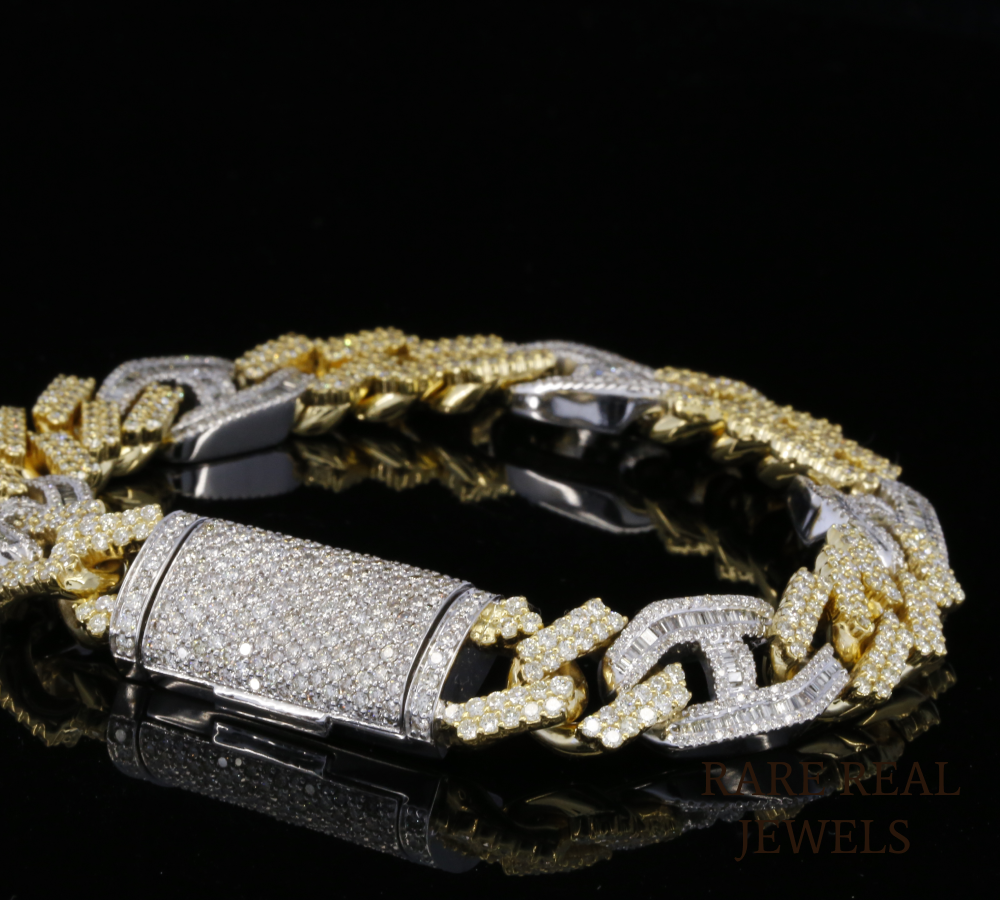 Two-Tone Diamond Cuban Link Bracelet | Heavy Pave Diamond Chain Bracelet in Yellow & White Gold