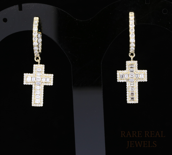 Diamond Cross Dangle Earrings, Emerald  & Round Lab Grown Diamond Hoop Earrings, 14K Yellow Gold Cross Earrings, Christian Jewelry Gift for Her