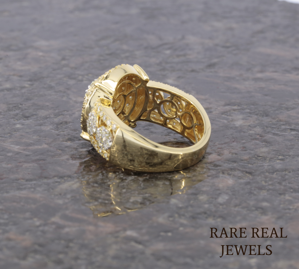 Men's Diamond Cluster Ring | Yellow Gold Round Diamond Statement Ring | Luxury Cocktail Ring | Pave Diamond Anniversary Ring for Him