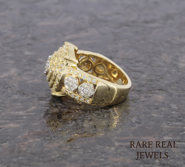 Men's Diamond Cluster Ring | Yellow Gold Round Diamond Statement Ring | Luxury Cocktail Ring | Pave Diamond Anniversary Ring for Him