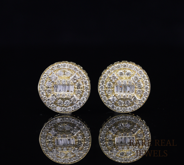 Round Diamond Stud Earrings, Baguette Diamond Cluster Earrings, Halo Pave Diamond Studs, Gold Diamond Earrings, Luxury Gift for Her