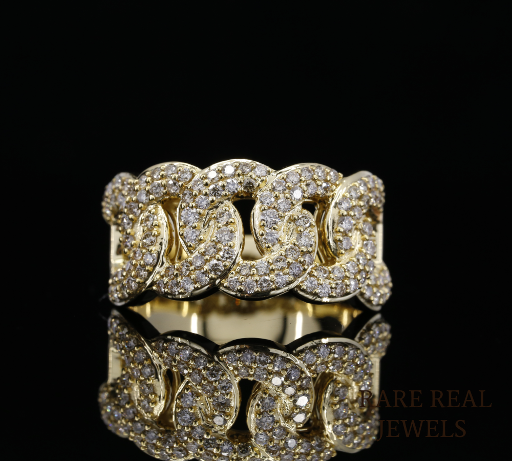 Diamond Cuban Link Ring | Yellow Gold Chain Link Ring | Pave Diamond Statement Ring | Luxury Chunky Diamond Band | Hip Hop Jewelry Ring