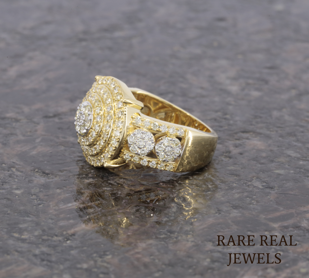 Men's Diamond Cluster Ring | Yellow Gold Round Diamond Statement Ring | Luxury Cocktail Ring | Pave Diamond Anniversary Ring for Him