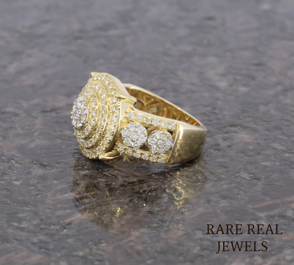 Men's Diamond Cluster Ring | Yellow Gold Round Diamond Statement Ring | Luxury Cocktail Ring | Pave Diamond Anniversary Ring for Him