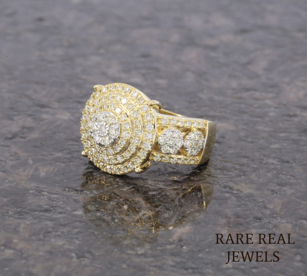 Men's Diamond Cluster Ring | Yellow Gold Round Diamond Statement Ring | Luxury Cocktail Ring | Pave Diamond Anniversary Ring for Him