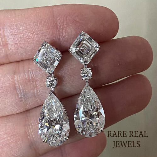 Lab Grown Diamond Drop Earrings, 14K White Gold, Asscher & Pear Cut