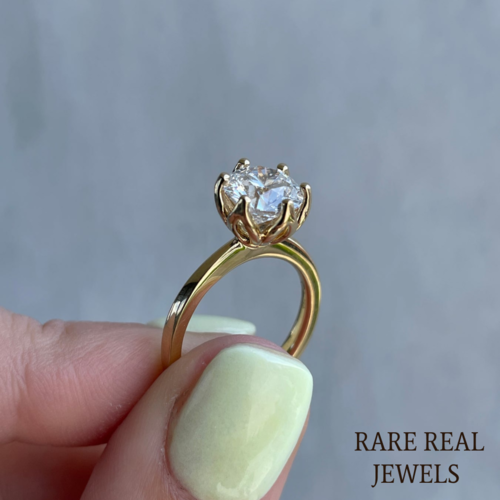 3.00ct Round Lab Diamond Engagement Ring: 10K Yellow Gold Tulip Setting