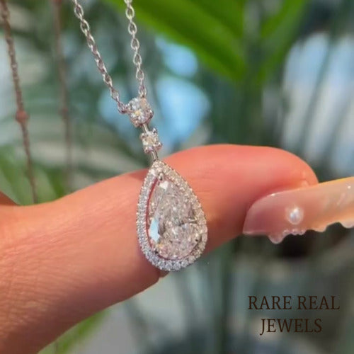 Pear Lab Grown Diamond Halo Pendant: 3.50 CT White Gold Necklace