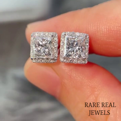 Moissanite Princess Cut Stud Earrings: White Gold Halo, Push Back Main image