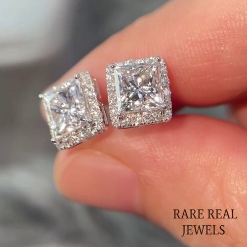 Moissanite Princess Cut Stud Earrings: White Gold Halo, Push Back
