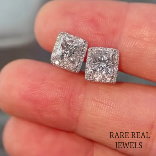 Moissanite Princess Cut Stud Earrings: White Gold Halo, Push Back