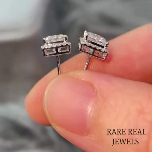 Moissanite Princess Cut Stud Earrings: White Gold Halo, Push Back
