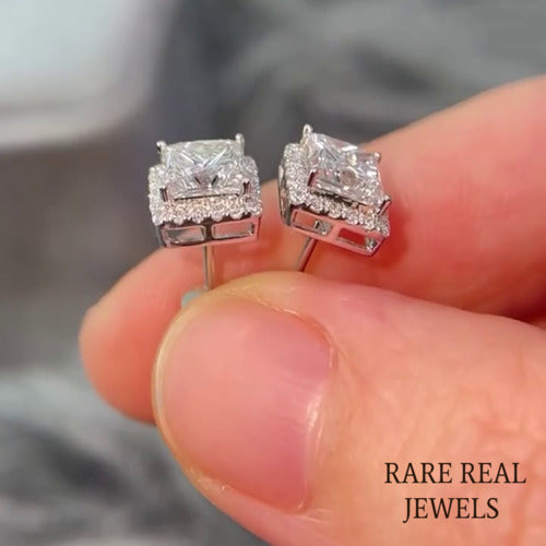 Moissanite Princess Cut Stud Earrings: White Gold Halo, Push Back