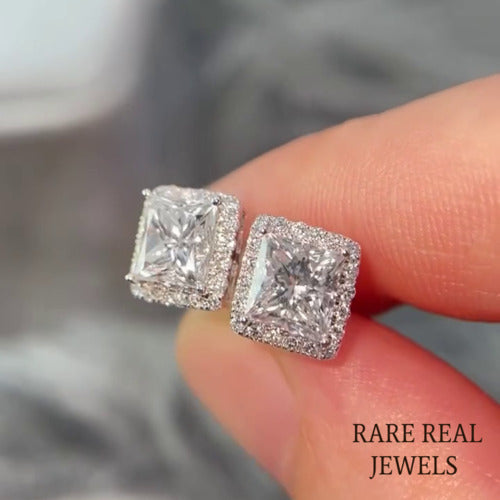 Moissanite Princess Cut Stud Earrings: White Gold Halo, Push Back