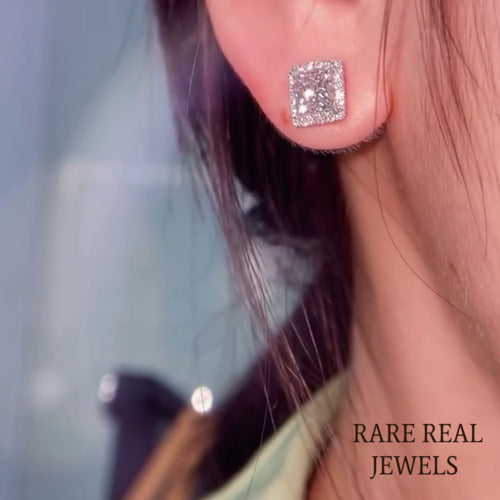 Moissanite Princess Cut Stud Earrings: White Gold Halo, Push Back