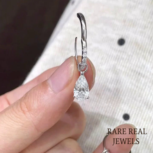 1.00ct Pear Moissanite Drop Earrings: 10K White Gold Dangle Huggies