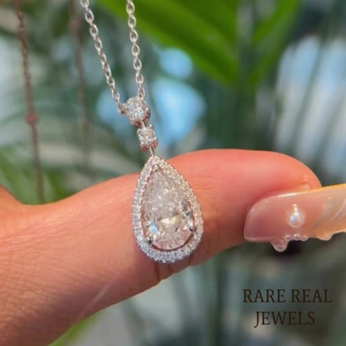 Pear Lab Grown Diamond Halo Pendant: 3.50 CT White Gold Necklace